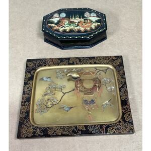 Lot of 2 Russian Wooden Lacquer Trinket Box And Tray